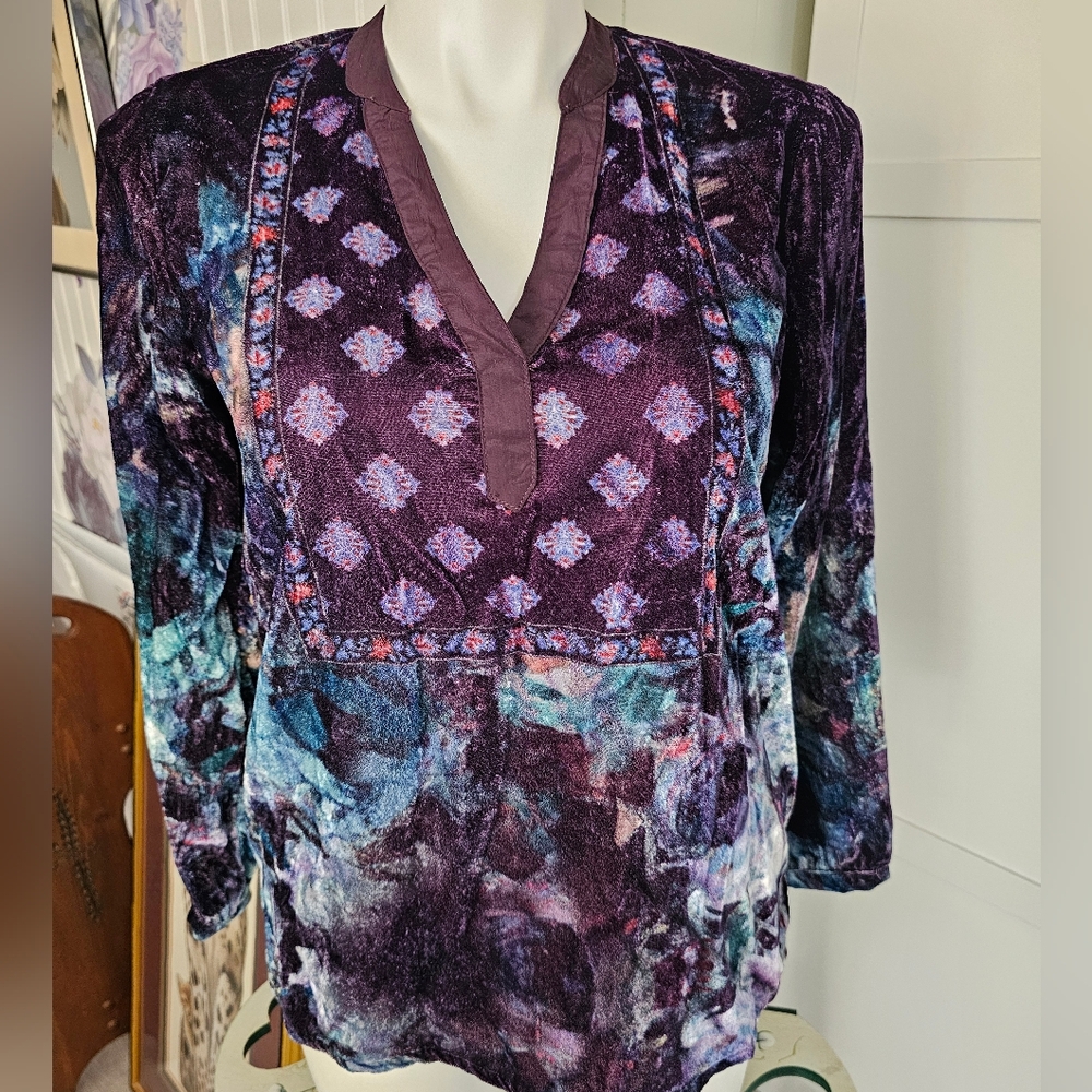 Soft Surroundings Velvet Tunic Purple Blue Floral Popover V Neck Sz  M Boho EUC